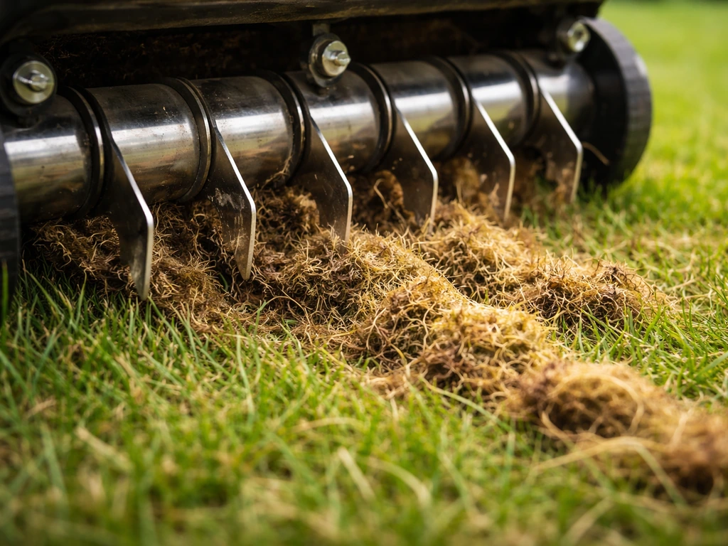 Close-up van een verticuteermes dat vilt en dood gras uit het gazon trekt, met vilt zichtbaar op de grond.