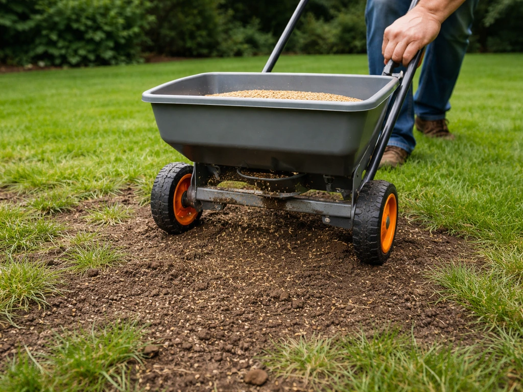 Een zaaier strooit graszaad over kale plekken in het gazon, met wat zaad zichtbaar op de grond.