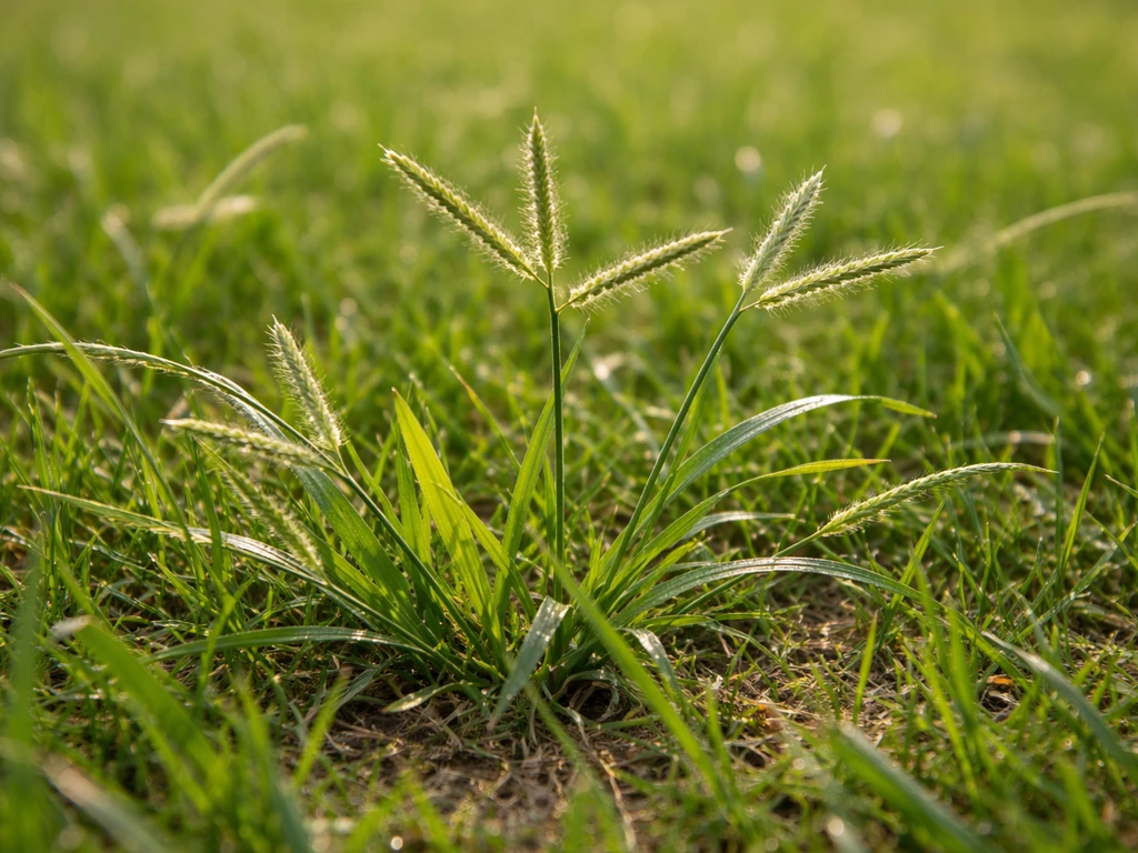 Close-up van vingergras in een Nederlands gazon met harige sprieten en zichtbare pollen tussen het maaigras.