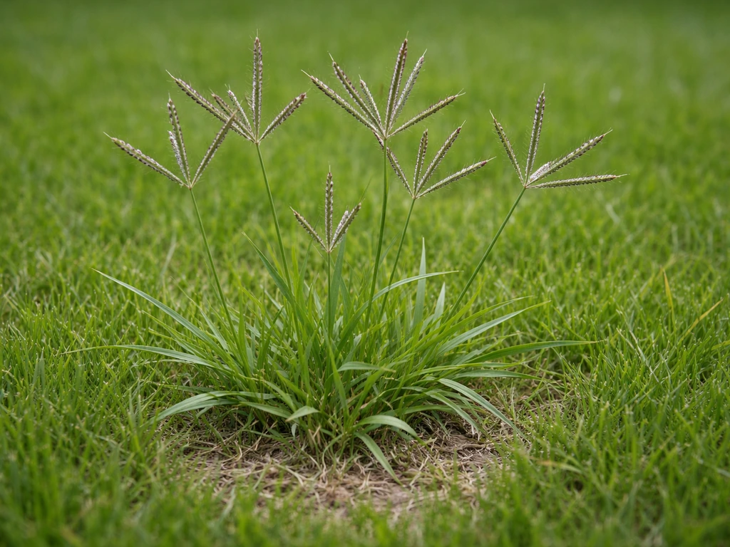 Vingergras in een Nederlands gazon, met zichtbare pollen naast normaal gras.