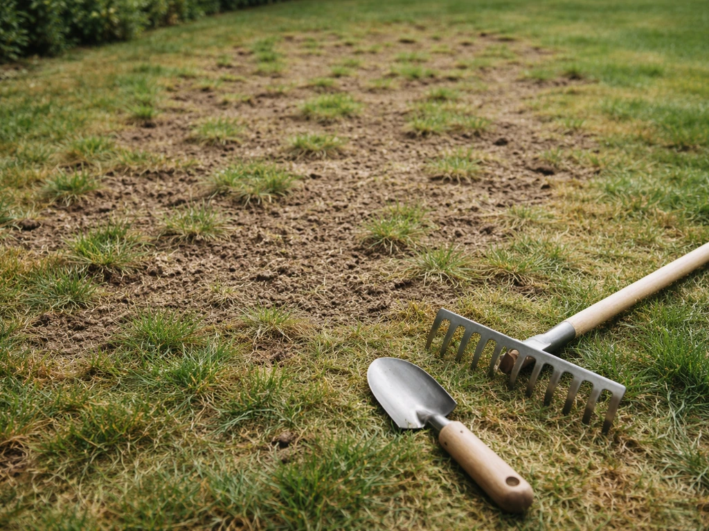Tuin-gazon na uitsteken: kale plekken en open grond, klaar voor doorzaaien, met gereedschap op de grasmat.