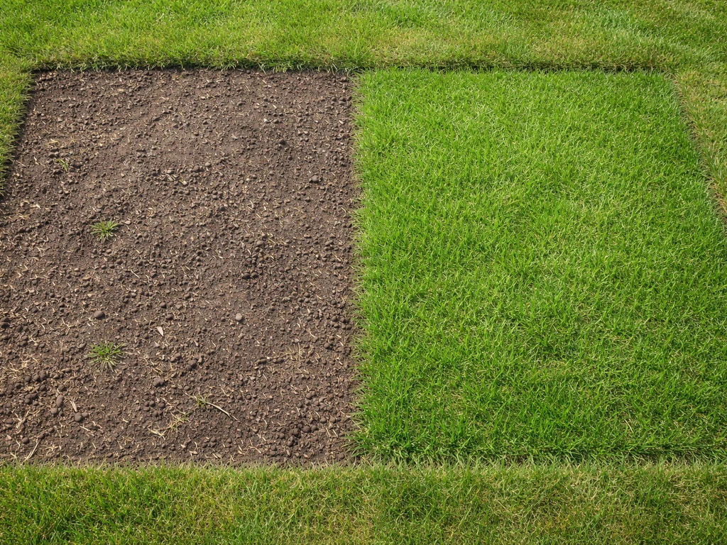 Bovenaanzicht van een hersteld gazonvlak met duidelijke overgang van kaal naar opnieuw ingezaaid gras.