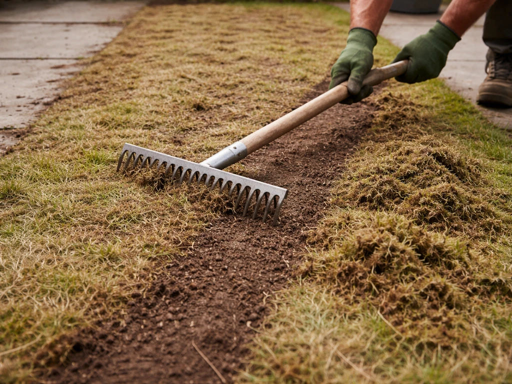 Handen met verticuteerhark die dood gras en mos van een kale tuin strook schraapt
