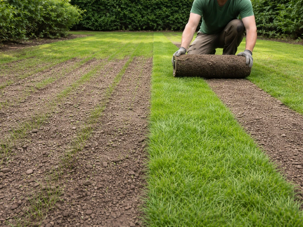 Naast elkaar: doorgezaaide grasstroken en uitgerolde zoden voor snel herstel van het gazon.