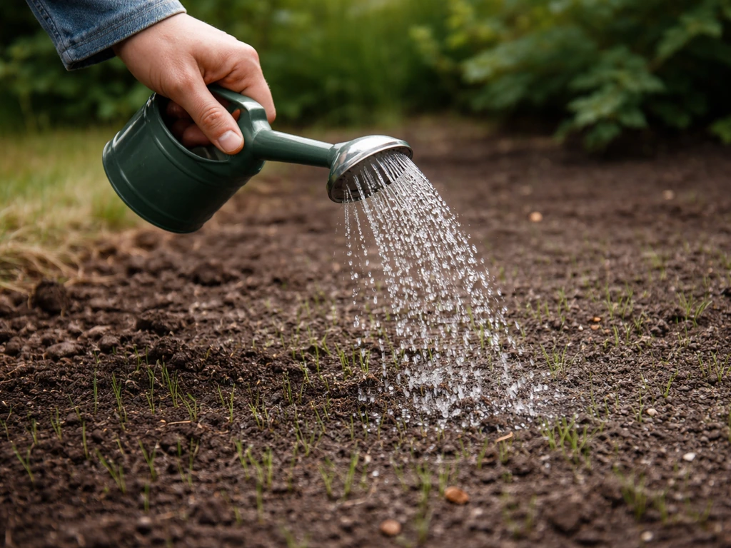 Hand geeft met gieter zacht water aan een ingezaaid herstelvlak in de tuin