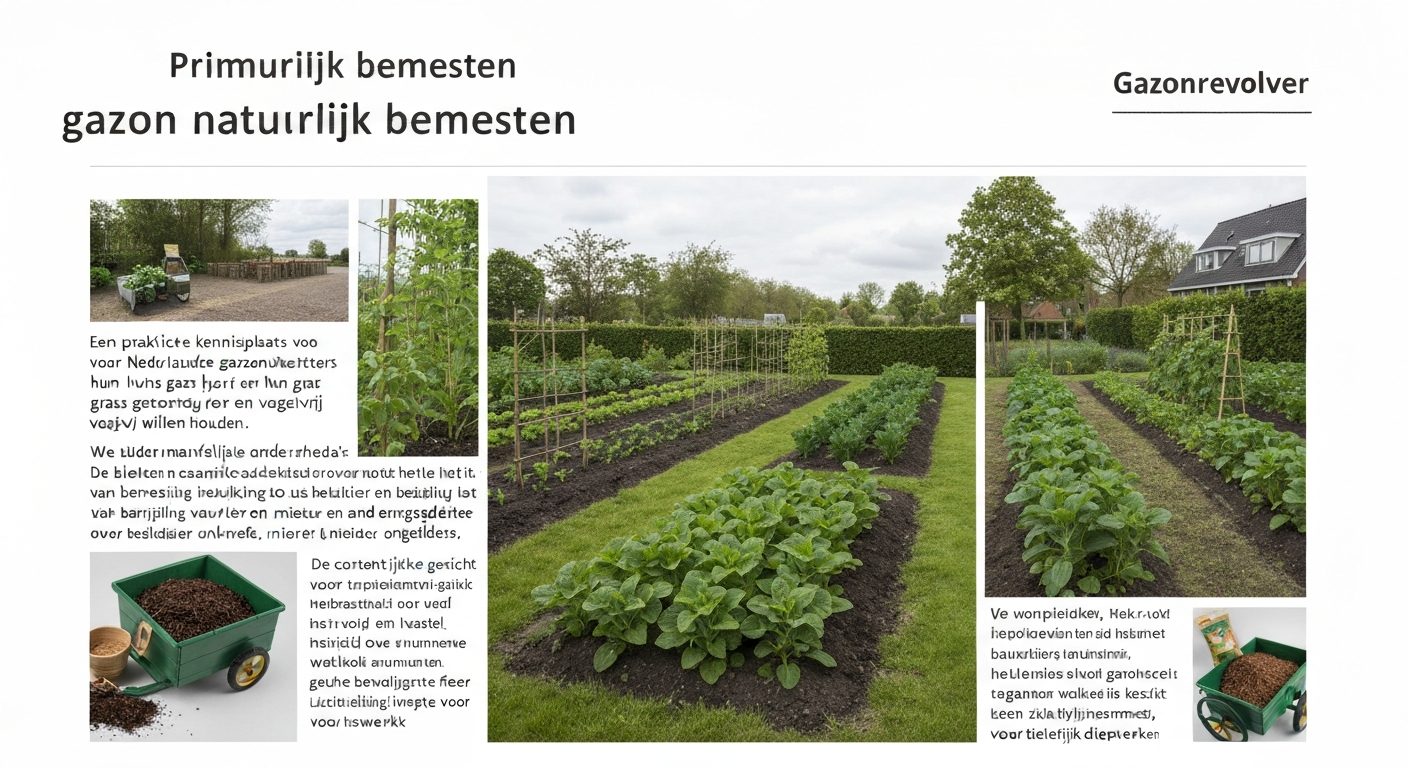 Gezond Nederlands gazon in de lente, tuinier strooit organische gazonkorrels; compost in kruiwagen op de achtergrond.