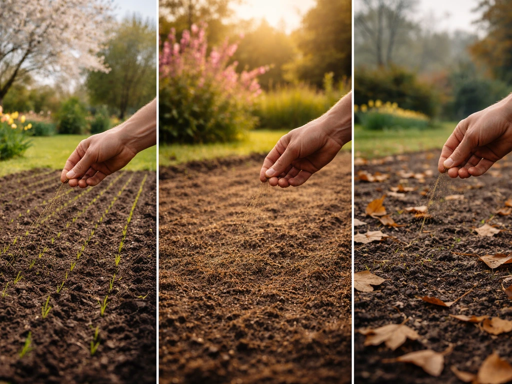Drie seizoenssferen van gras zaaien: voorjaar met kiemen, nazomer met zon en dauw, najaar met herfstbladeren.