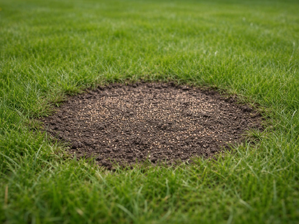 Kale plek in een gazon waar is doorgezaaid, met ingezaaid zaad en omliggend groen gras