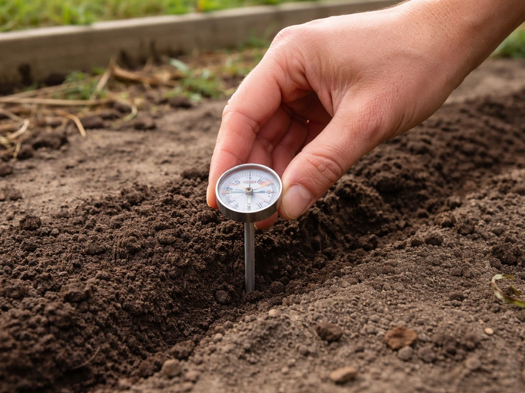 Hand steekt een bodemthermometer in vochtige grond op circa 5 cm diepte in een moestuin.