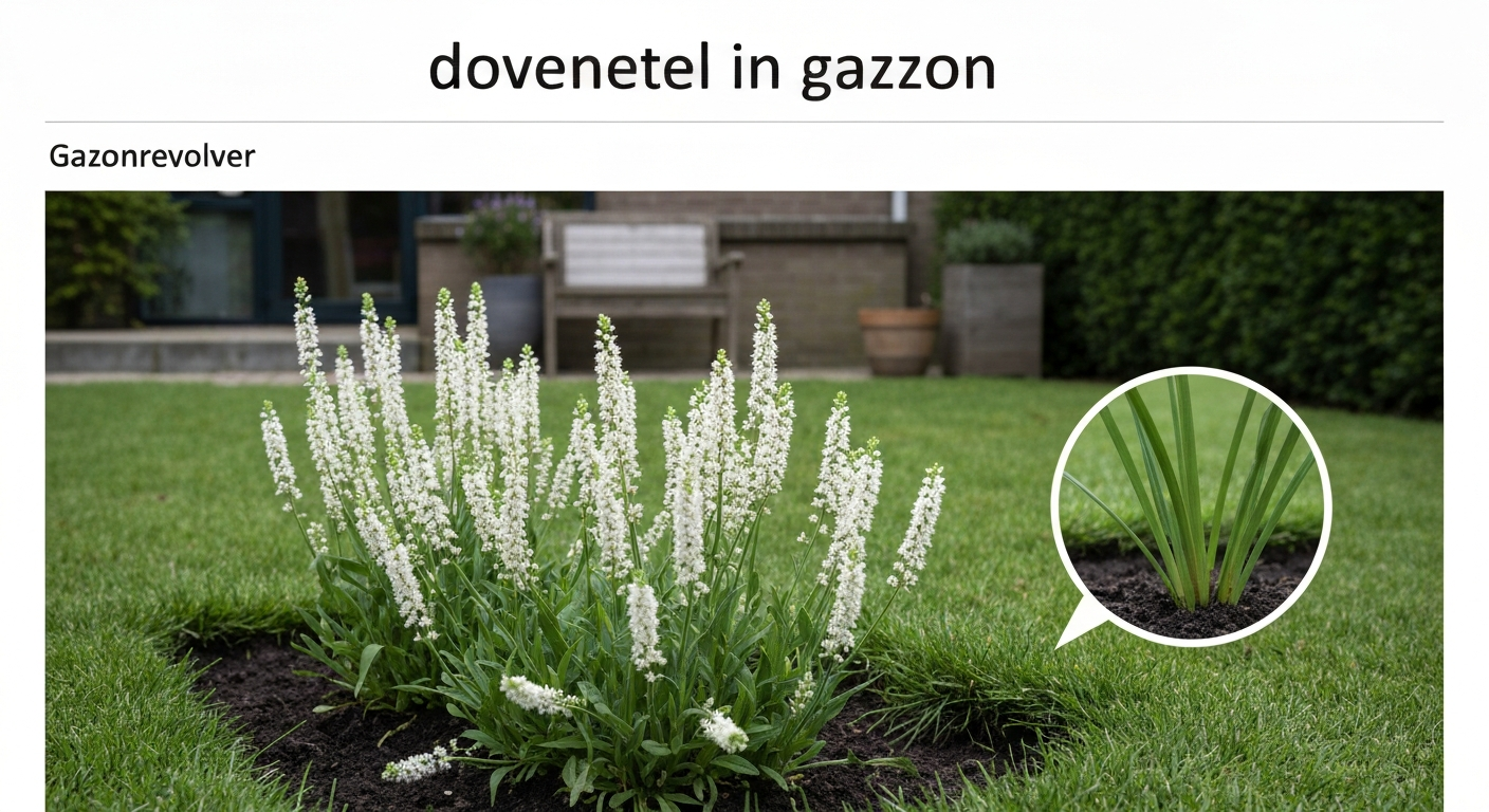 Close-up van paarse en witte dovenetel in een Nederlands gazon met inset die vierkante stengel en kruisgewijs geplaatste bladeren toont