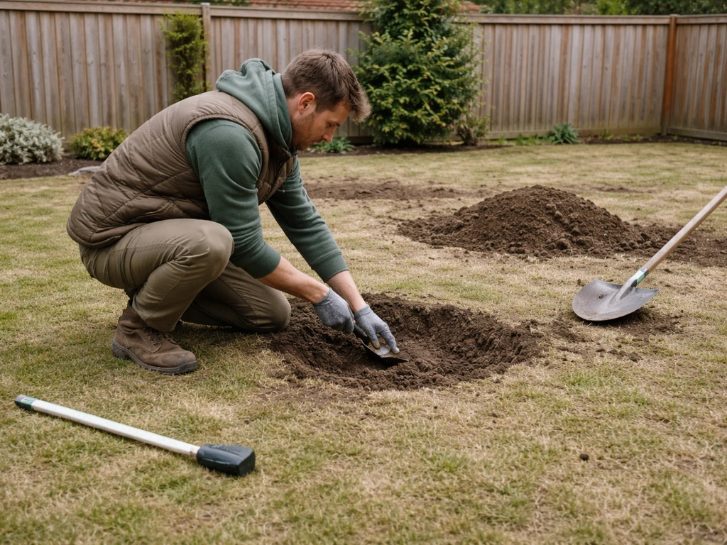 Persoon graaft een lage plek uit in de tuinbodem en maakt ruimte voor het ophogen en vlak maken van het gazon.