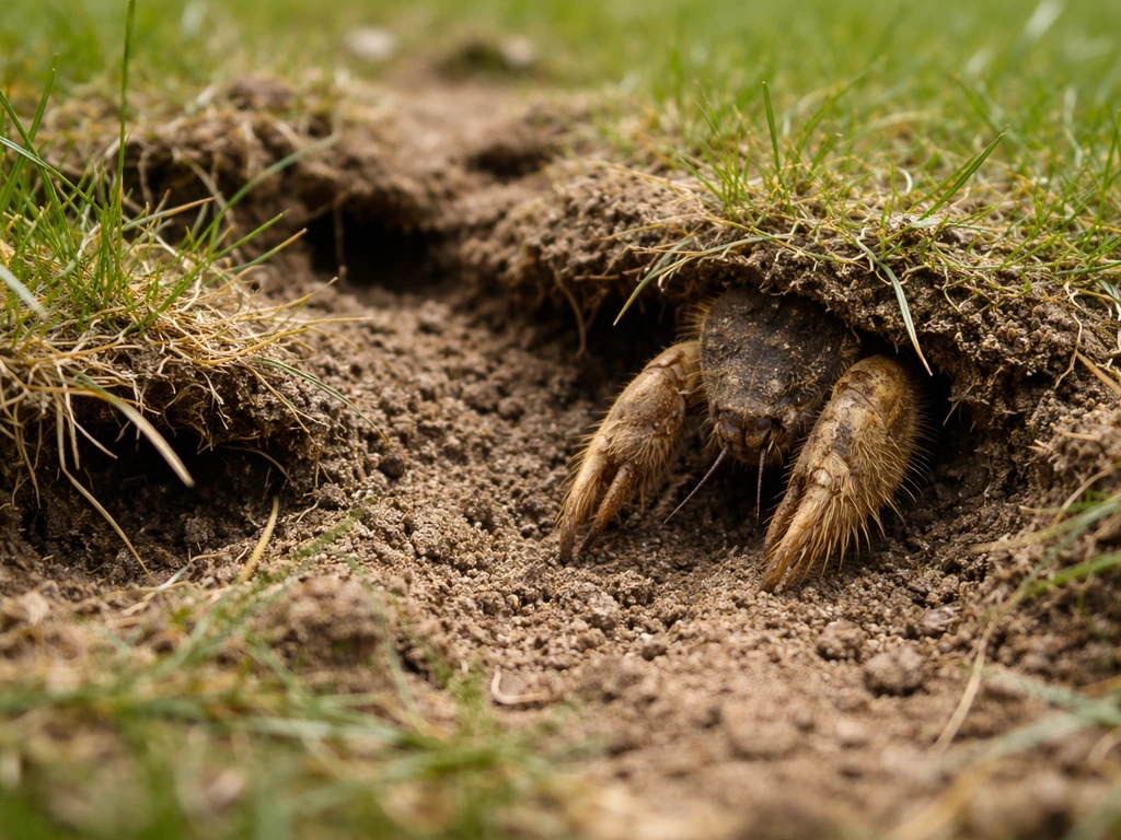 Close-up van veenmol met spade-achtige voorpoten bij smalle gangen en beschadigd gras in het gazon.
