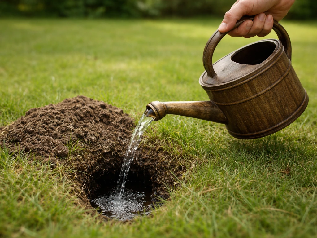 Hand giet langzaam (zeep)water in een verdachte opening in het gras, met molshoop-achtige heuvelrand.