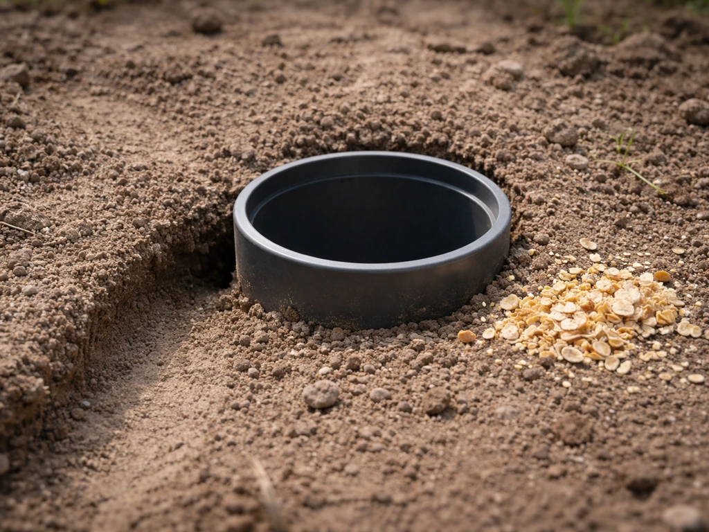 Een ingegraven gladwandige potval met lokvoer in tuingrond, gelijk met het grondoppervlak.