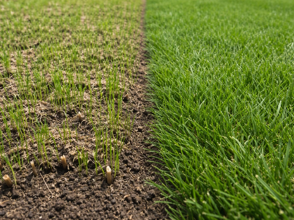Links nieuw gazon met jonge wortels die doorgesneden lijken; rechts een ouder, dichter gazon met minder schade.