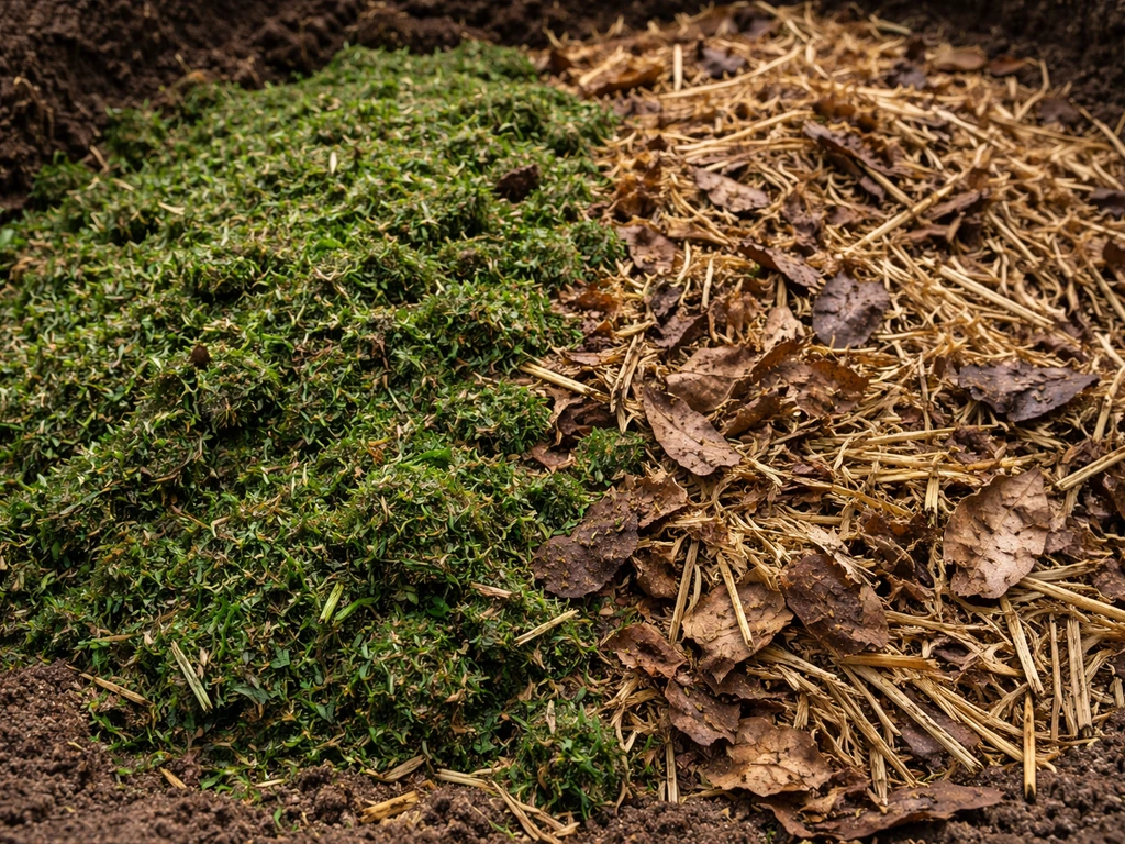 Close-up van een mix van grasmaaisel en droog blad/stro als “groen en bruin” compostmaterialen.