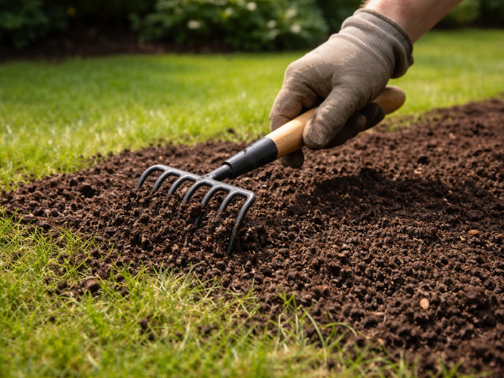 Een hand verdeelt een dunne laag rijpe, donkerbruine compost over het gazon met een harkje.