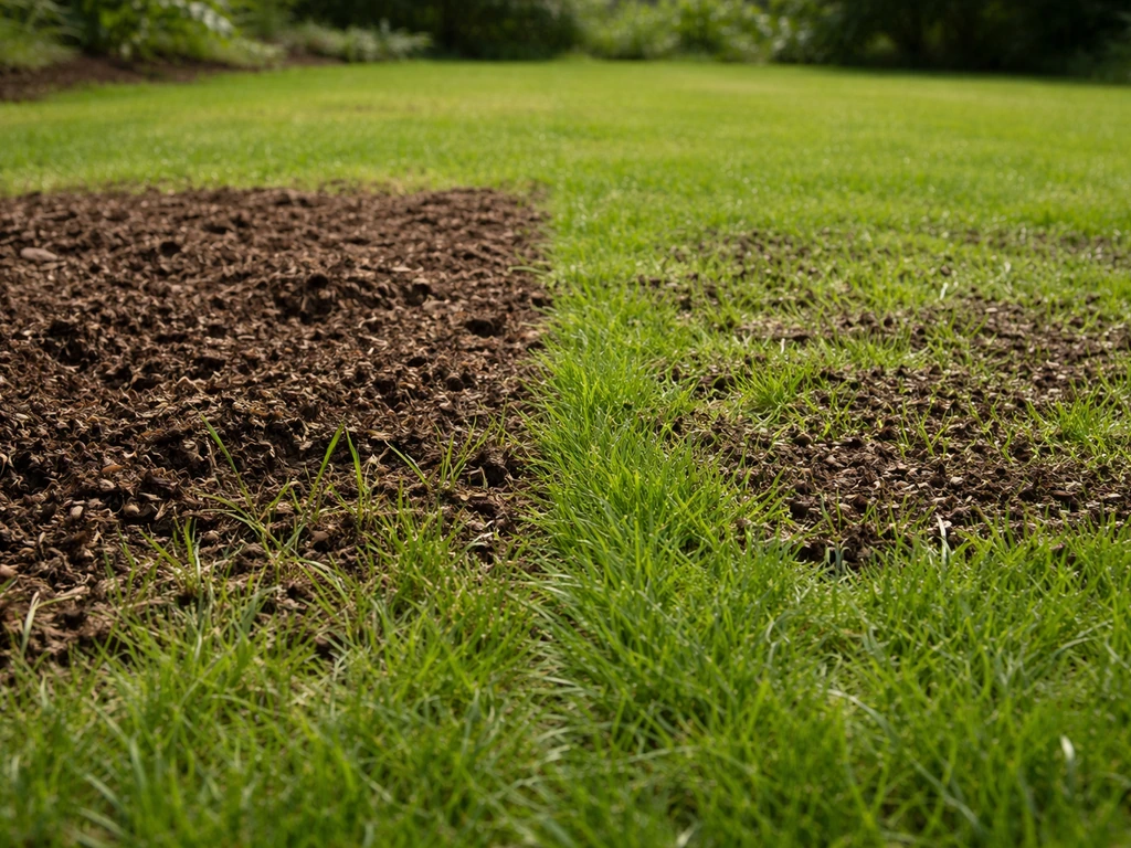 Twee naast elkaar liggende gazonstroken: te dikke compost met viltvorming links, gezond gras rechts.