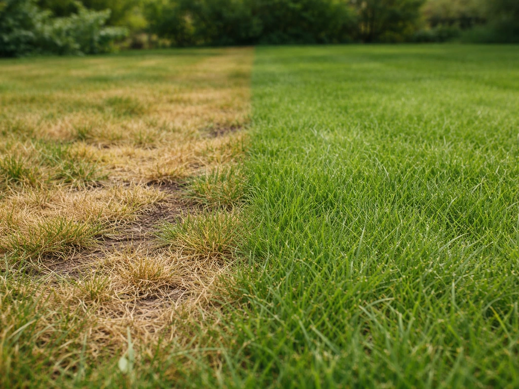 Nahaufnahme van een gazon: gele/bruinige brandplekken door onrijpe compost naast hersteld, groener gras.