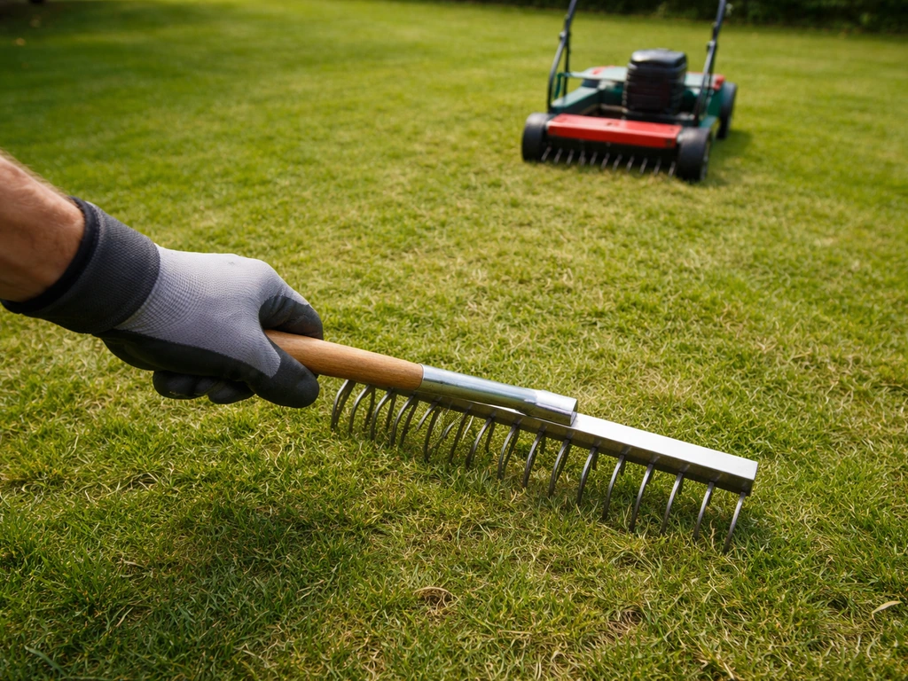Tuin met groene gazonmachine die net door het gras gaat, klaar voor verluchten en compost.