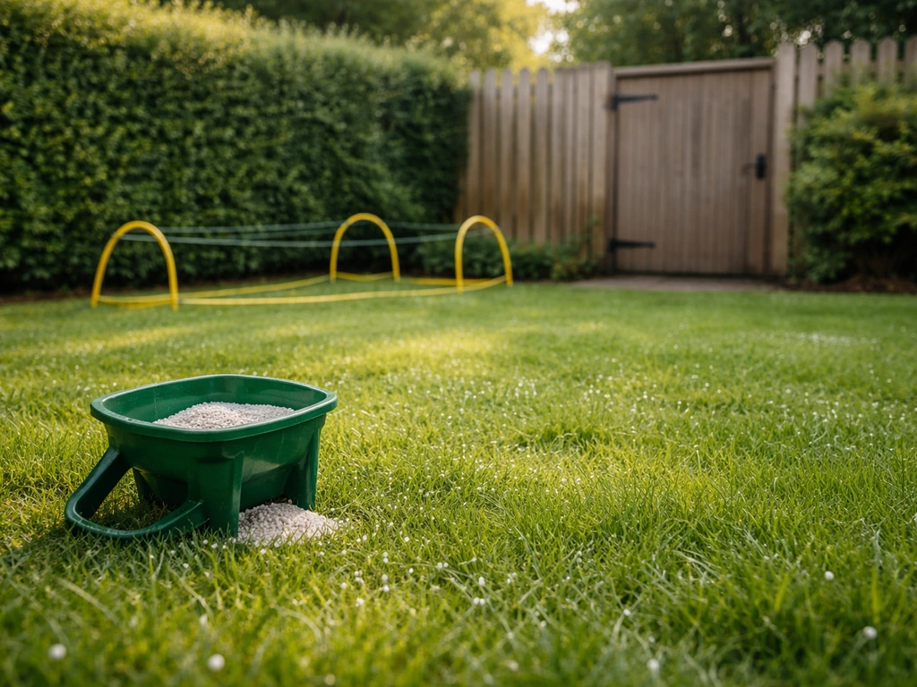 Gezond groen gazon met zichtbare bemestkorrels en een strooimiddel in een Nederlandse tuin, hond uit beeld.