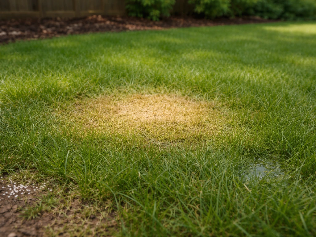 Close-up van gras met een geel verbrand hotspot-plekje, met subtiele sporen die kunstmest en urine suggereren.