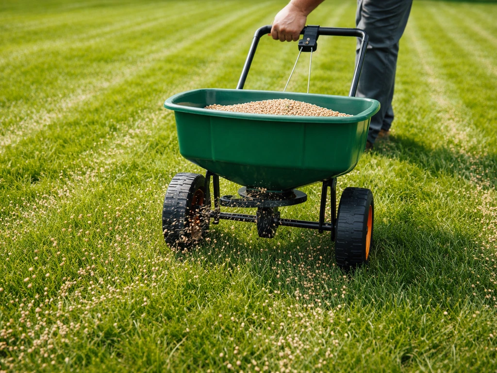 Groene gazonstrooier die mestkorrels gelijkmatig over het gras verdeelt, met zichtbare banen.