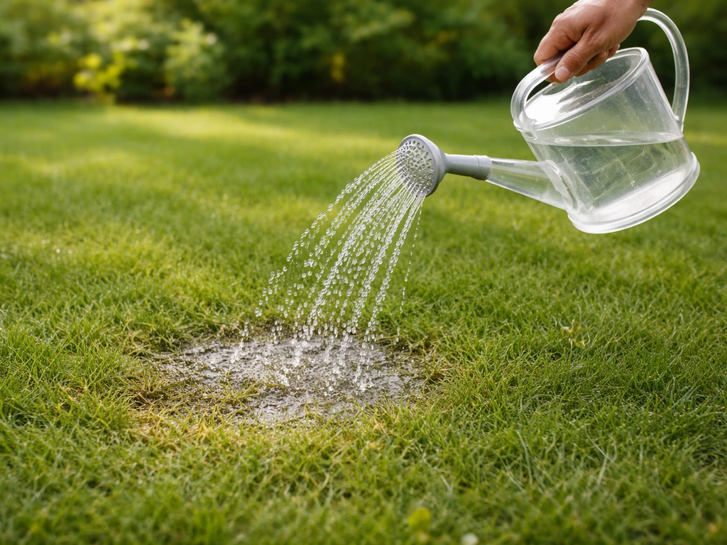 Een gieter giet water direct over een vochtige urineplek in het gras, om het meteen te verdunnen.