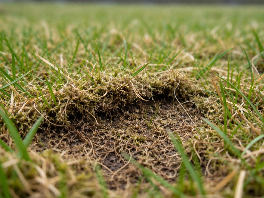 Close-up van een Nederlands gazon met viltlaag tussen gras en bodem; los organisch materiaal komt los.
