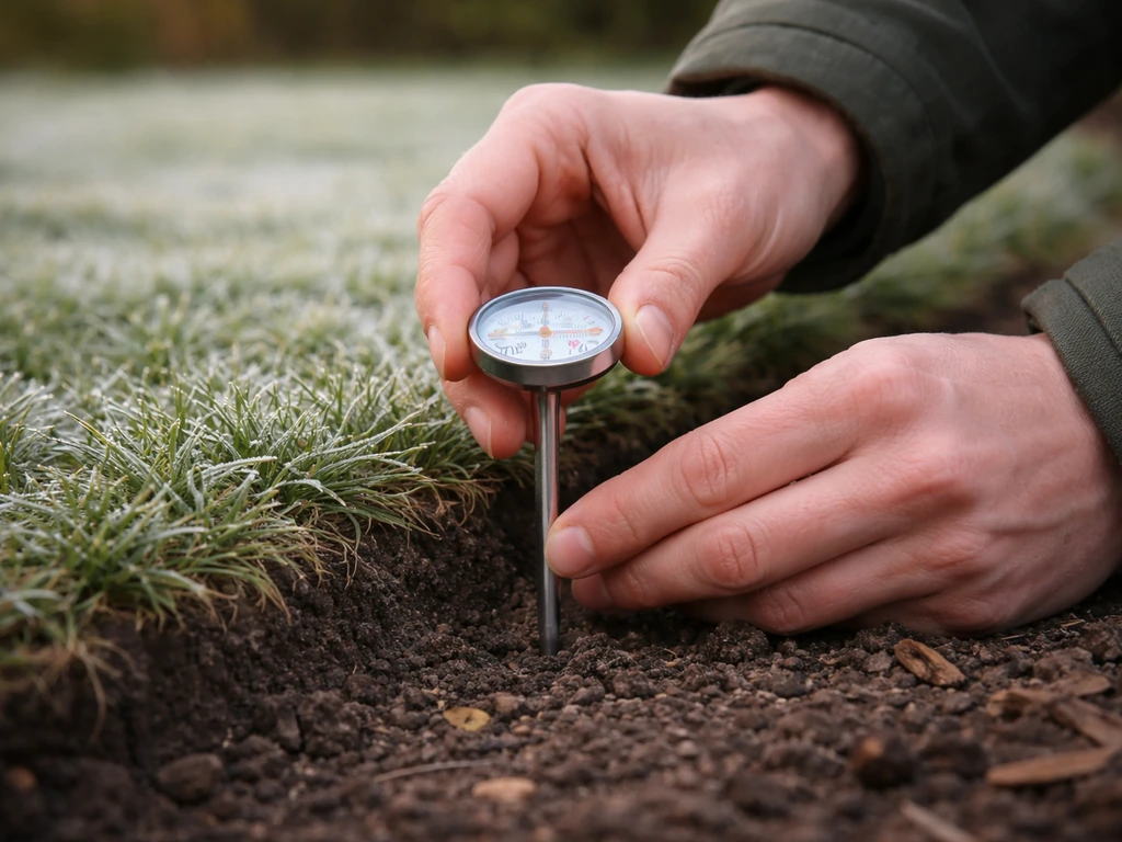 Iemand meet bodemtemperatuur in de tuinrand met een bodemthermometer op circa 5 cm diepte.