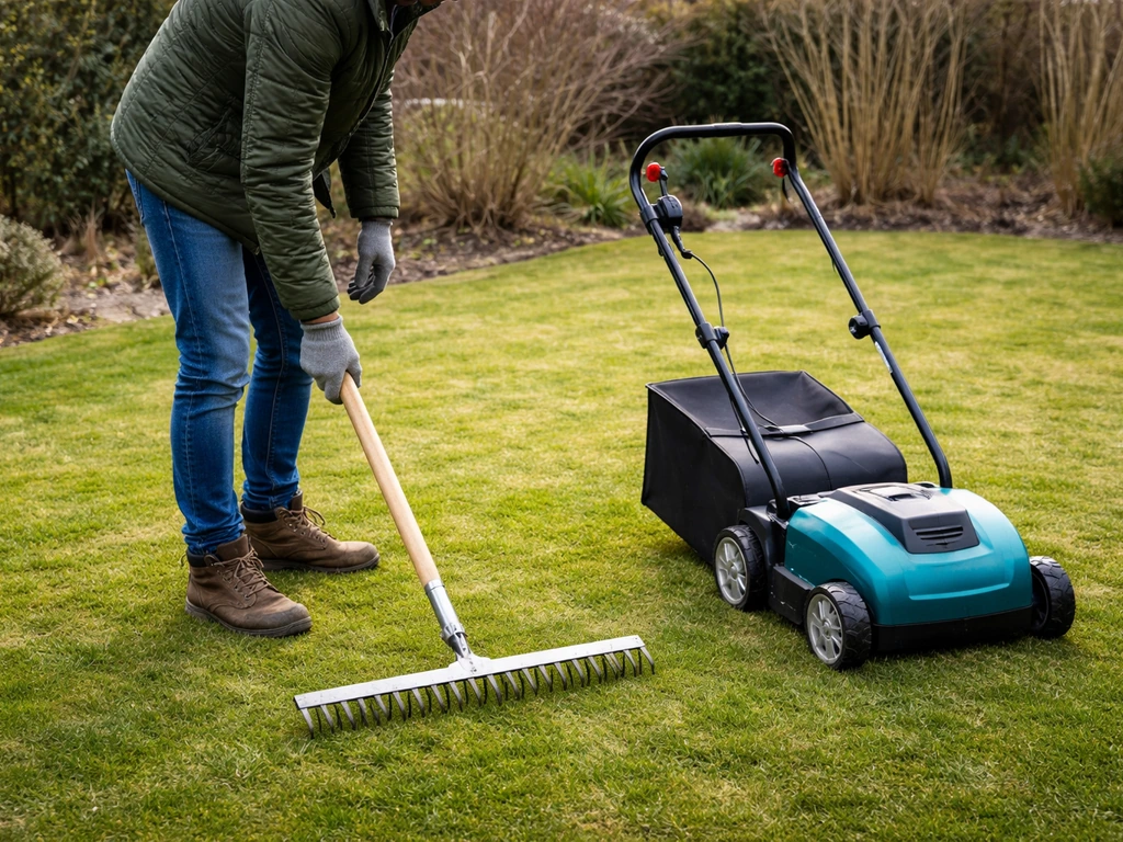 Voorbereiding voor verticuteren: verticuteerhark en verticuteermachine naast kort gemaaid gazon in een tuin.