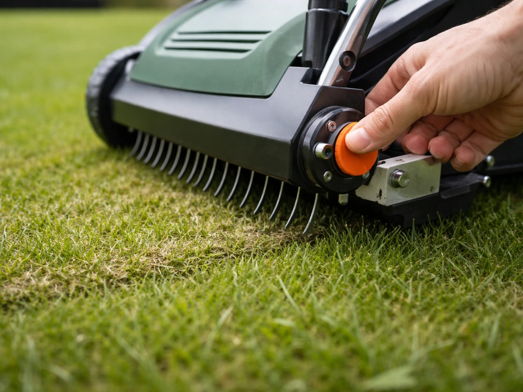 Zijaanzicht van een verticuteermachine met tanden die nauwelijks in het gras grijpen, met hand aan de instelknop.