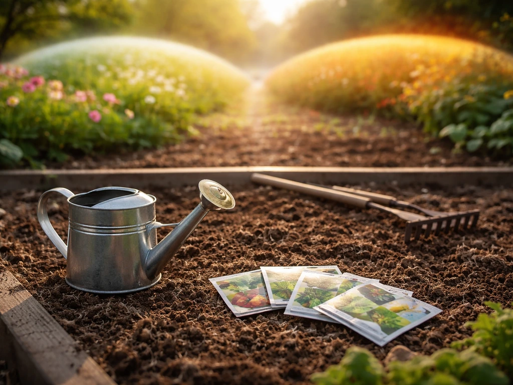 Minimalistische moestuin met zaaien en bemesten, met subtiele seizoensaccenten voor voorjaar en najaar.