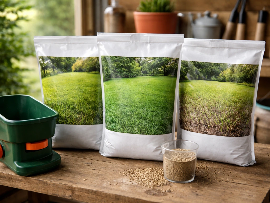 Verschillende graszaadzakjes en zaadkorrels op een houten werkbank, klaar om in de tuin te zaaien.