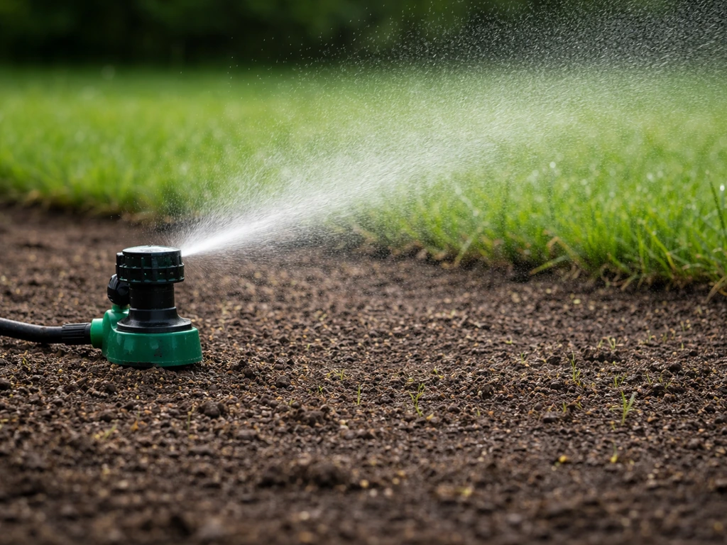 Fijne nevel van een tuinsproeier op lage druk over pas ingezaaide grasgrond, licht vochtig zonder uitspoeling.