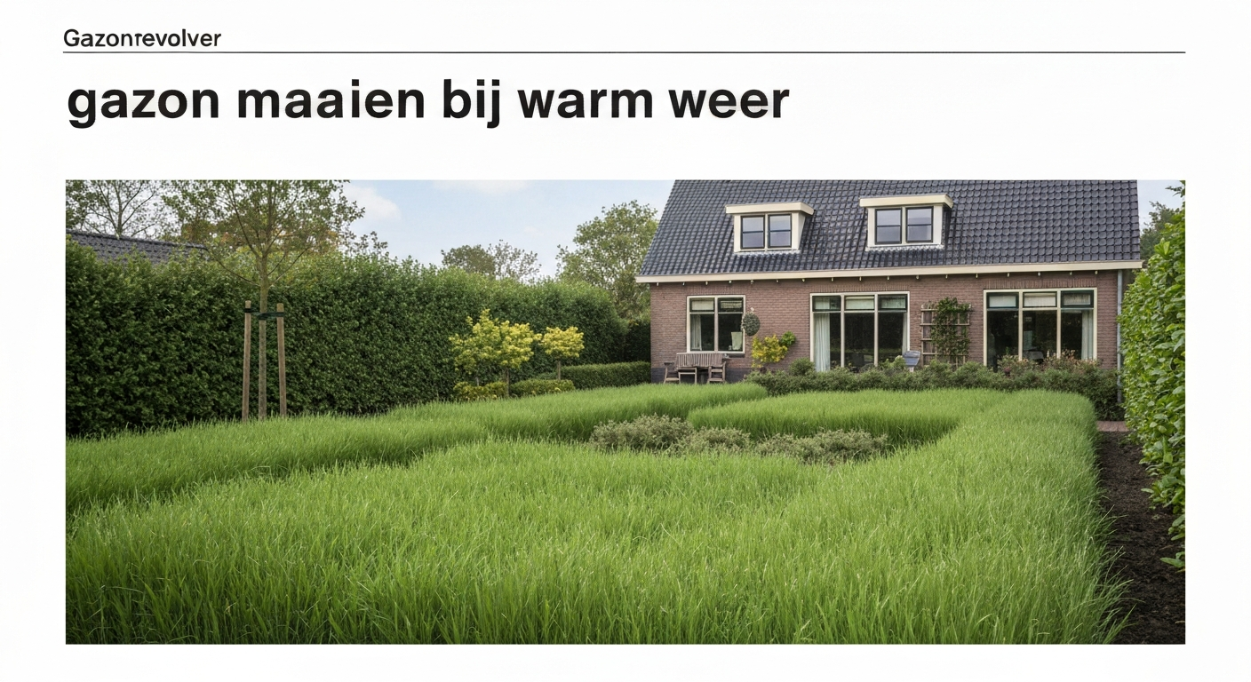 Vroege ochtend in een Nederlandse tuin met net gemaaid gazon (5–6 cm), regenton op de achtergrond