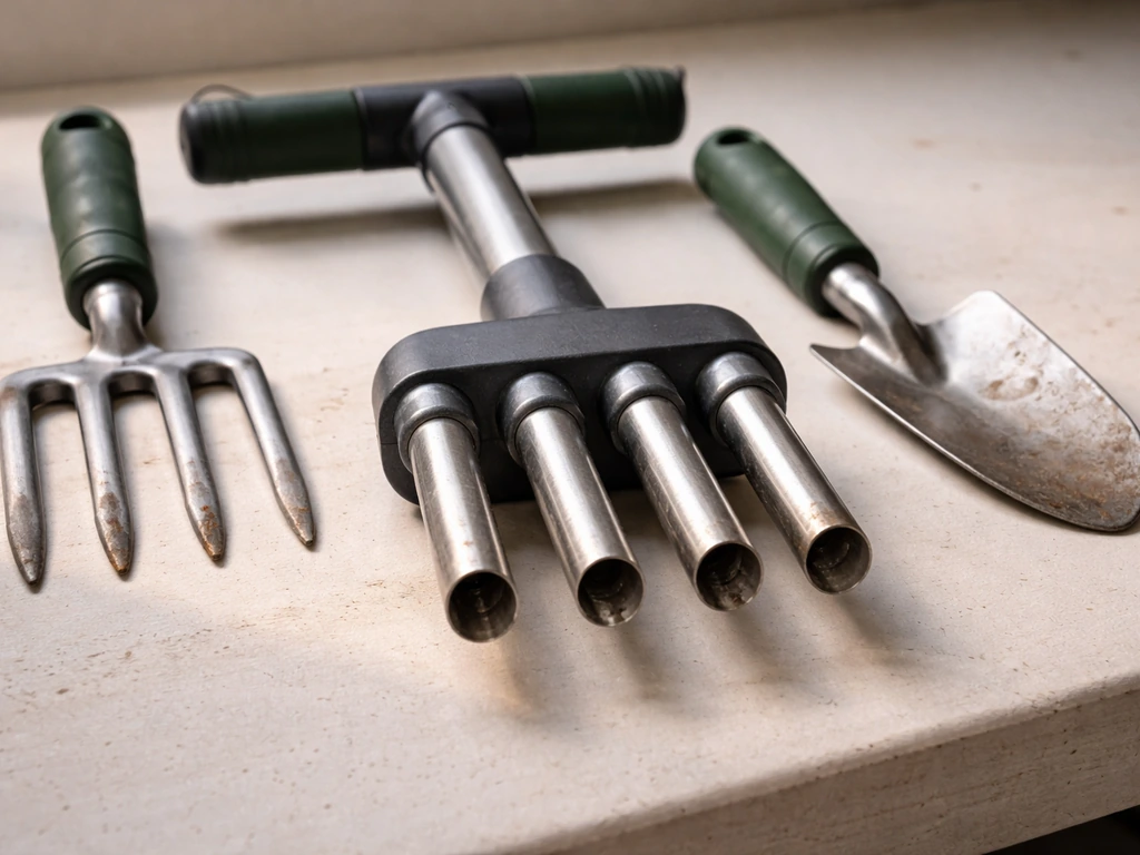Set beluchtingsgereedschap met holle beluchtingspook en insteekvork, detail van holle tanden op een lichte werkbank.