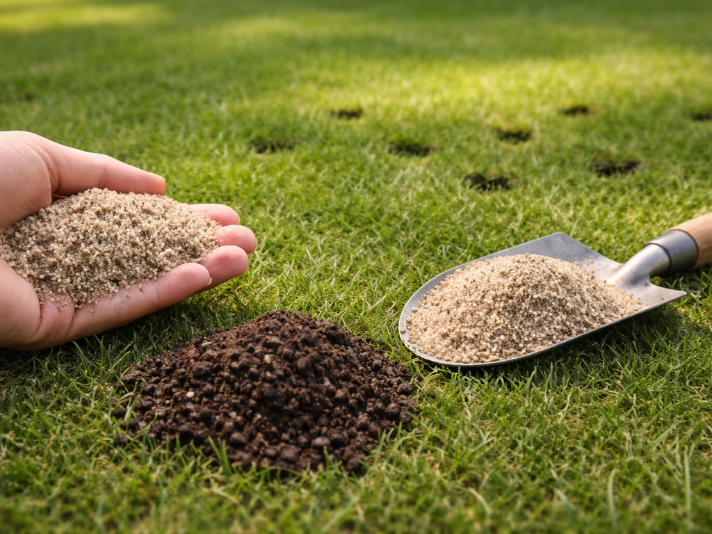 Close-up van grof tuinzand en compost/topdressing op een gazon met beluchtingsgaten, klaar om uit te strooien