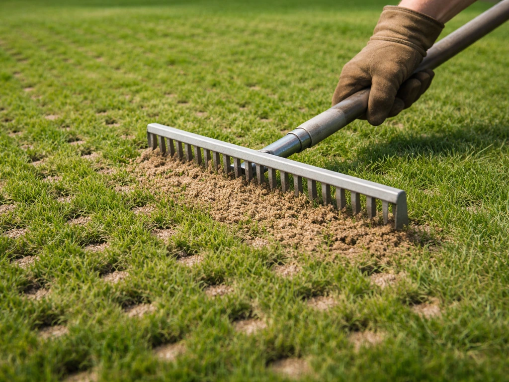 Hand met hark werkt grof zand in beluchtingsgaten, zichtbaar zand tussen de gaten in een groen gazon.