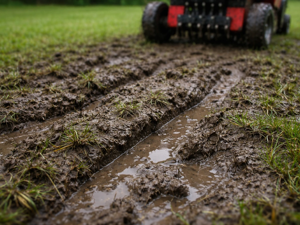 Slempige, modderige grond met dichte modderpoelen en rijsporen van een beluchtingsmachine