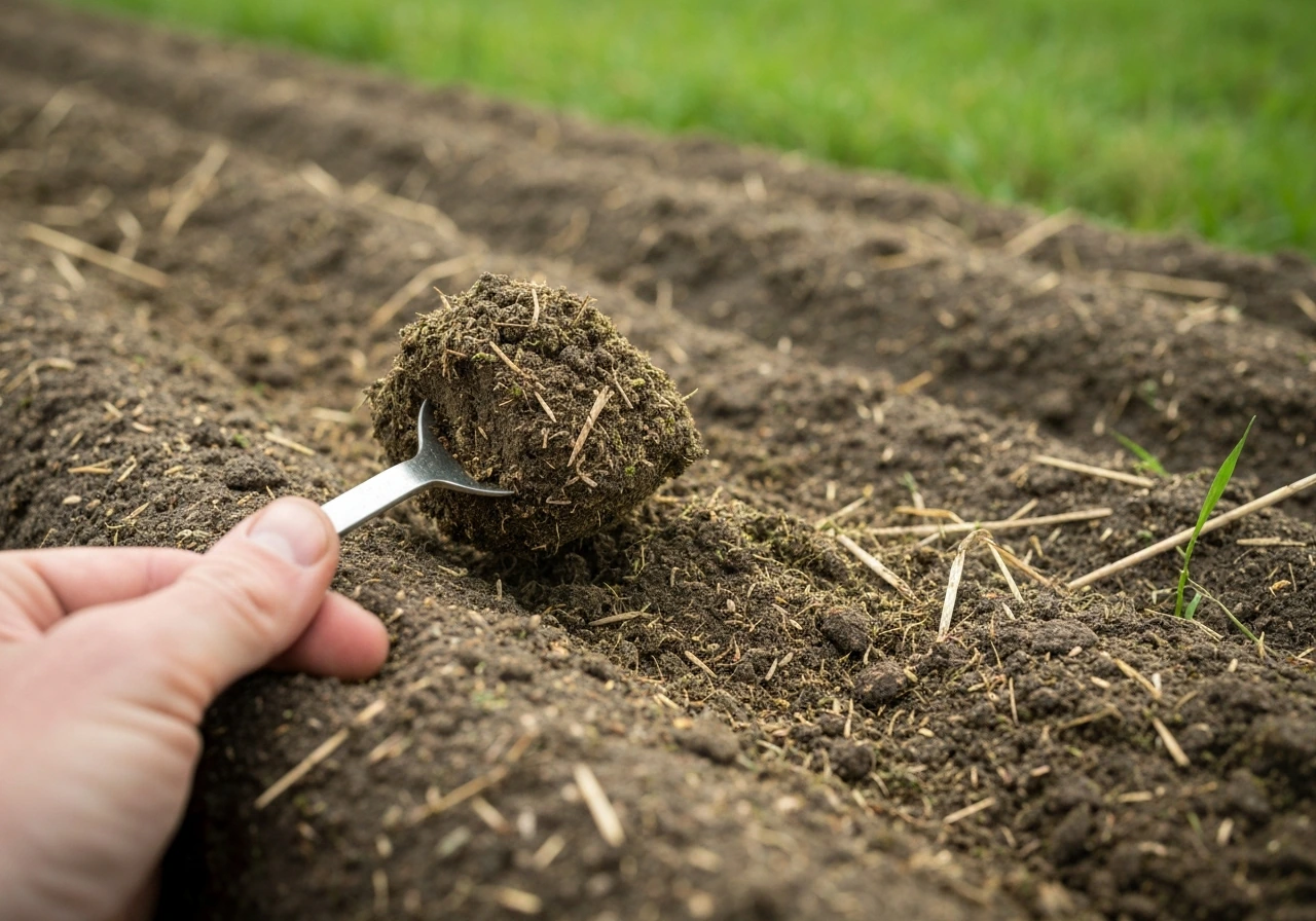 Close-up van gelijkmatig doorgezaaid graszaad op opengewerkte grond na verticuteren