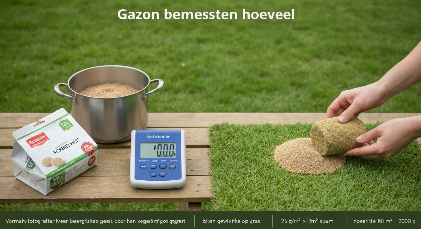 Voorjaarsgazon in een Nederlandse achtertuin met pot korrelmest, weegschaal, rolmaat en notitieblok met berekening om de benodigde hoeveelheid mest per m² te tonen.