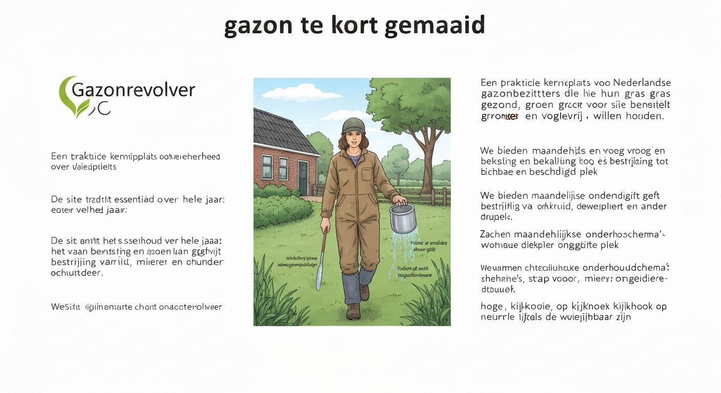 Nederlands gazon met gescalpte, gele plekken; persoon geeft ’s ochtends water met tuinslang; schutting en bakstenen huis op de achtergrond.