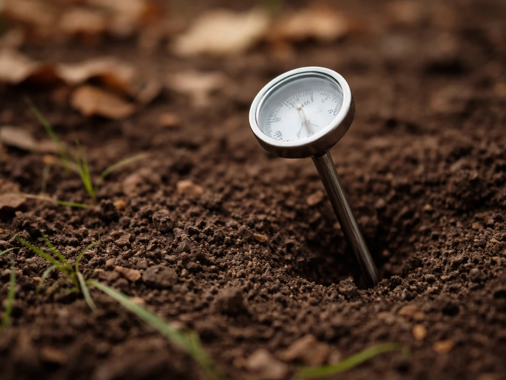Close-up van een bodemthermometer die op 5 cm diepte in tuingrond meet, met zacht herfstlicht.