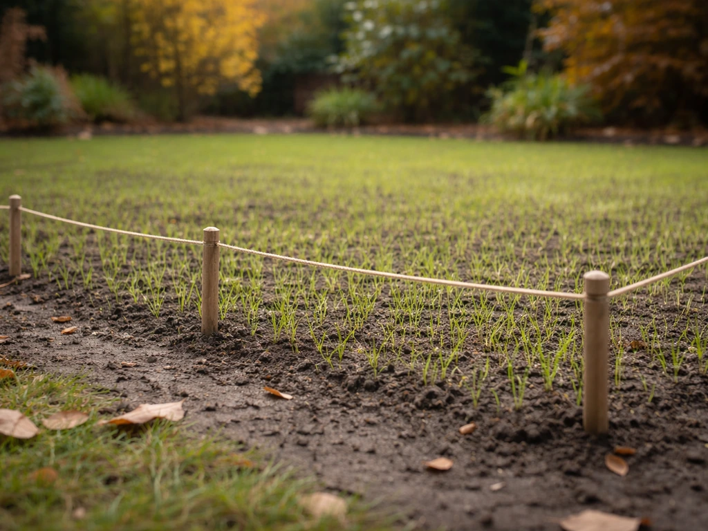 Jong gazon met vers opgekomen grassprieten in de herfst, afgezet zodat je het nog niet moet betreden.