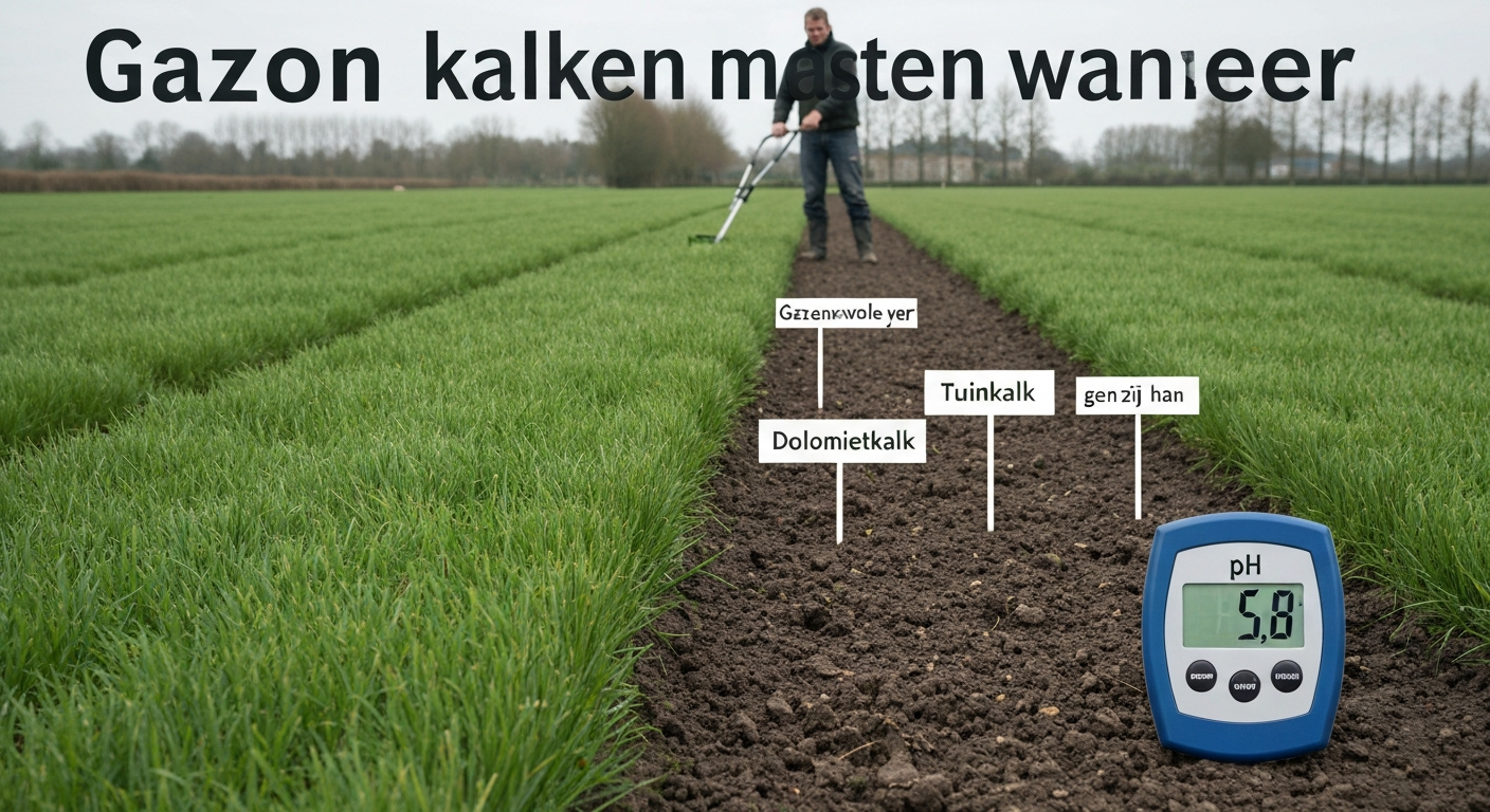 Lentegazon in Nederland met tuinier die kalk strooit, zakken 'Tuinkalk' en 'Dolomietkalk' en een pH‑meter die 5,8 toont.