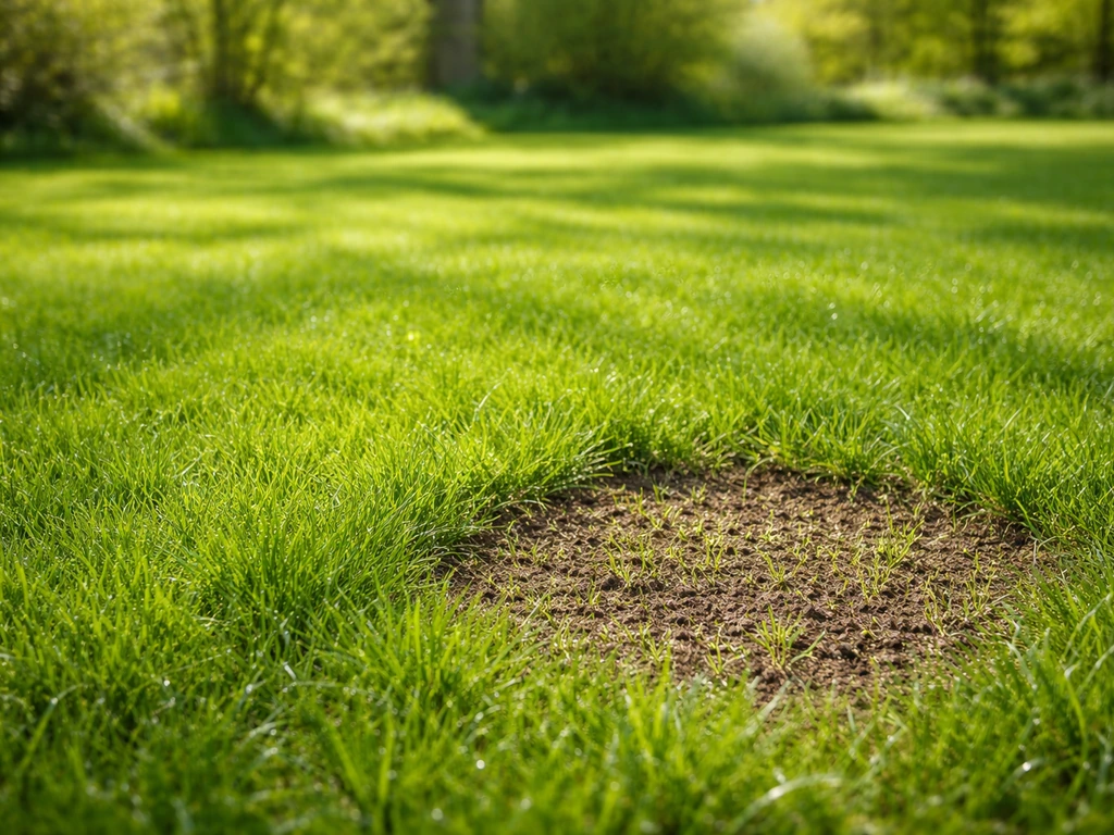 Frisgroen voorjaar gazon met een klein omgewerkt herstelstukje, licht omgeharkt en zonnige sfeer.