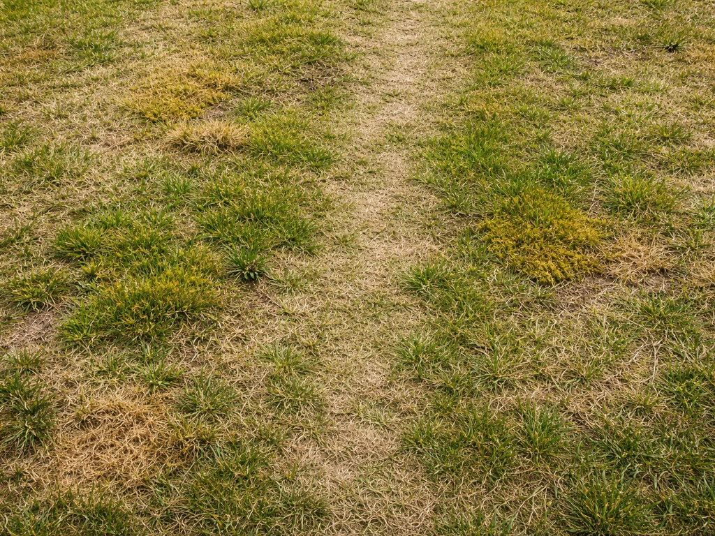 Bovenaanzicht van een gazon met mos en viltlaag, plus geelbruine verdroogde plekken in het voorjaar.