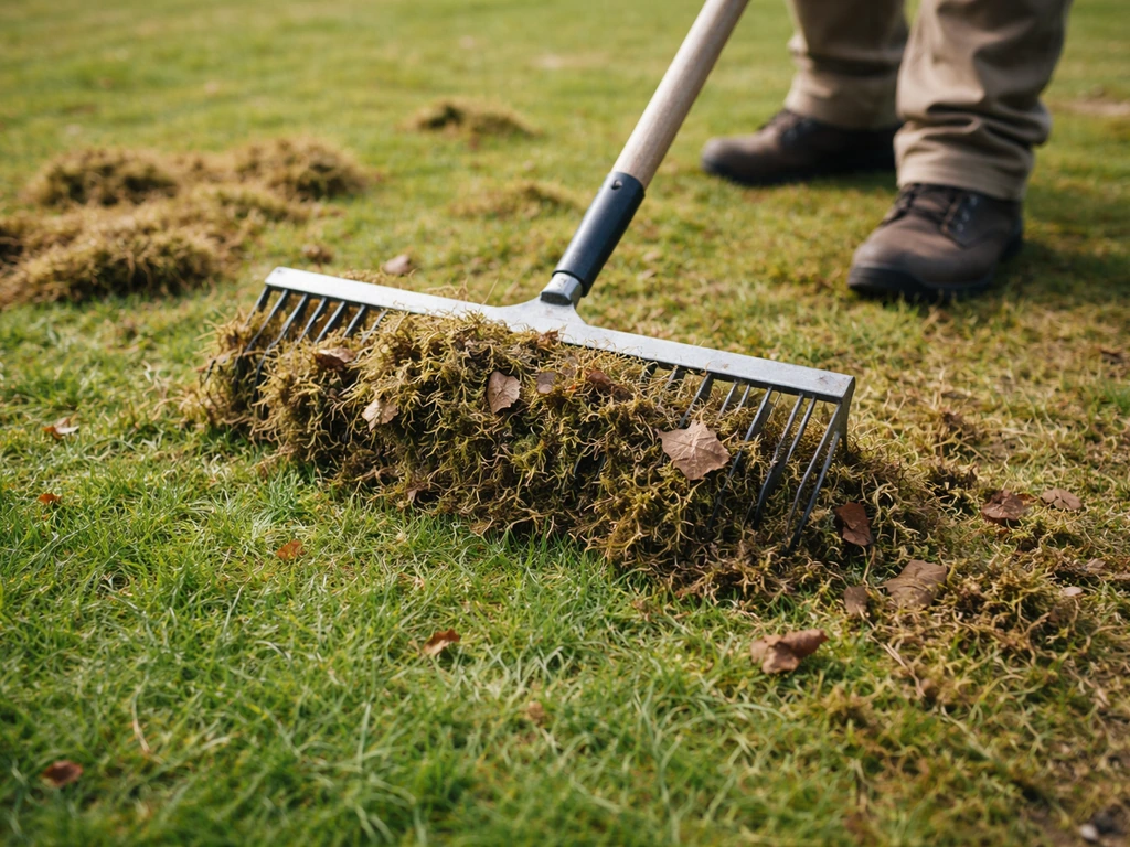 Tuinhark in gebruik op gazon, met los mos en bladresten duidelijk zichtbaar op de hark.