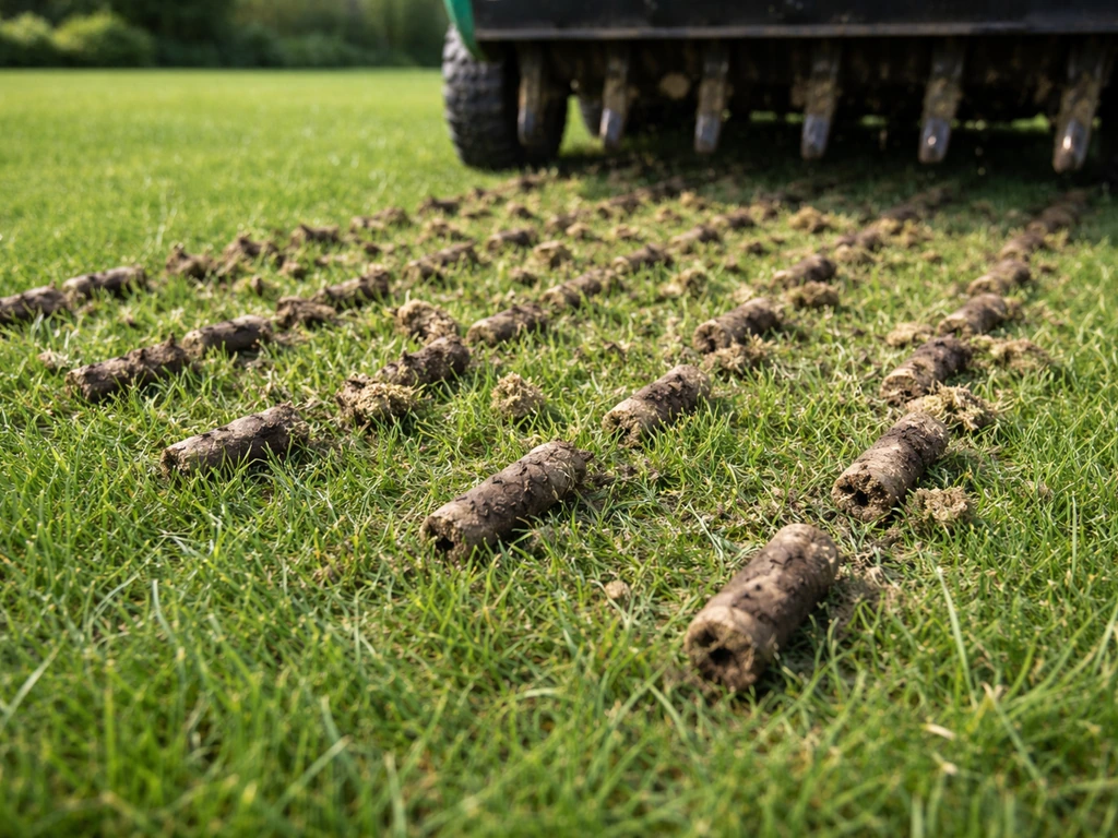 Beluchte gazon met zichtbare turfkernen en kleine gaatjes op het gras na het prikkken